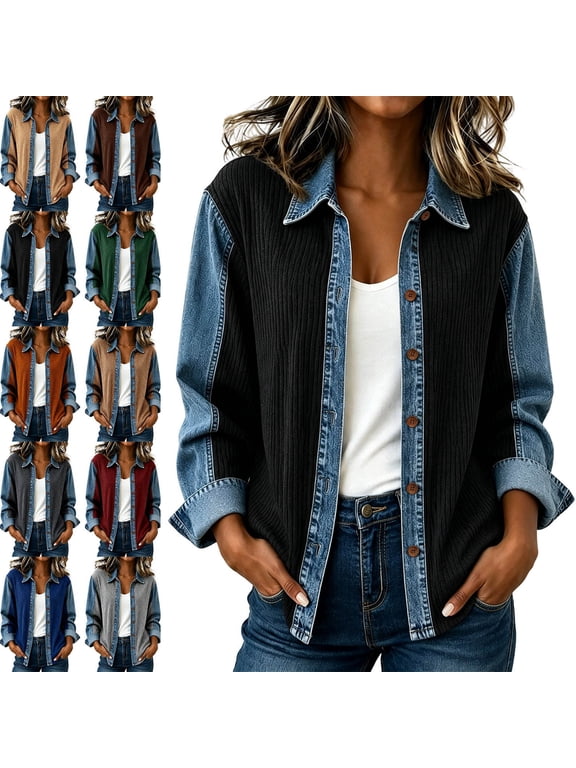 Jackets for Women Ribbed Knit Patchwork Denim Jacket Button Down Lapel Long Sleeve Coats Daily Work Travel Outerwear Black XXL