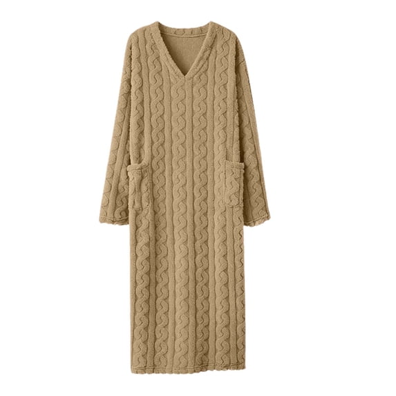 JGGSPWM Jacquard Flannel Nightgown for Women Loose V Neck Fuzzy Fleece Sleepdress Plush Fall Winter Comfy Bathrobe with Pockets Yellow XXL