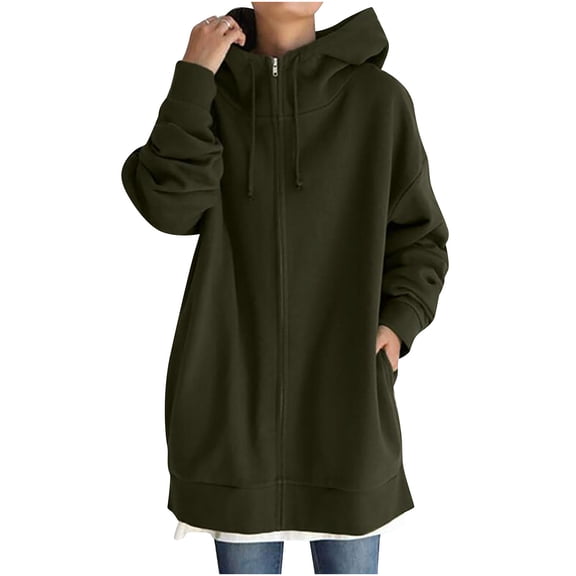 JGGSPWM Knee Length Full Zip Hoodie High Collar Casual Drawstring Pullover Mid-length Side Split Asymmetrical Lightweight Sweatshirt Hoody Solid Jacket with Pocket Dark Army Green M