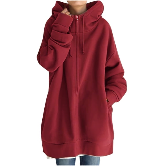 JGGSPWM Knee Length Full Zip Hoodie High Collar Casual Drawstring Pullover Mid-length Side Split Asymmetrical Lightweight Sweatshirt Hoody Solid Jacket with Pocket Red-B S