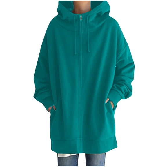 JGGSPWM Knee Length Full Zip Hoodie High Collar Casual Drawstring Pullover Mid-length Side Split Asymmetrical Lightweight Sweatshirt Hoody Solid Jacket with Pocket Green-A S