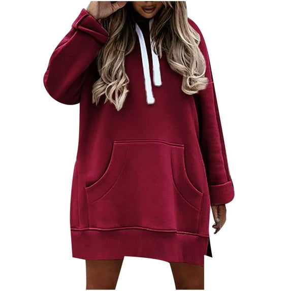 JGGSPWM Knee Length Full Zip Hoodie High Collar Casual Drawstring Pullover Mid-length Side Split Asymmetrical Lightweight Sweatshirt Hoody Solid Jacket with Pocket Wine-B M