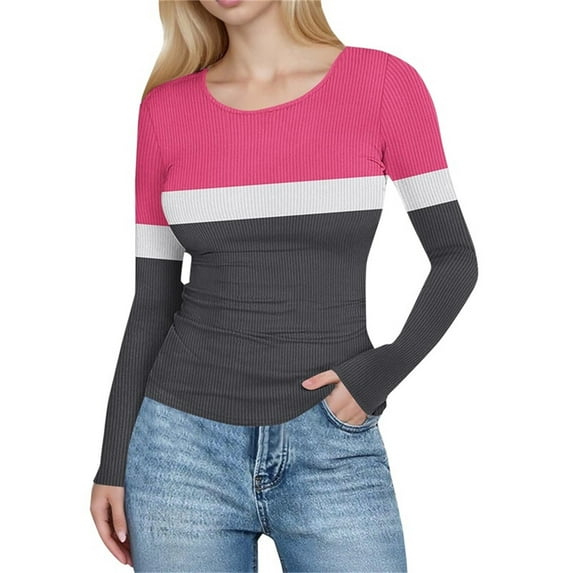 JGGSPWM Knit Tops for Women Ribbed Colorblock Skinny Base Layer Blouses Slim Tight Fitting Long Sleeve Elastic Casual Fashion T-Shirts Pink XXL