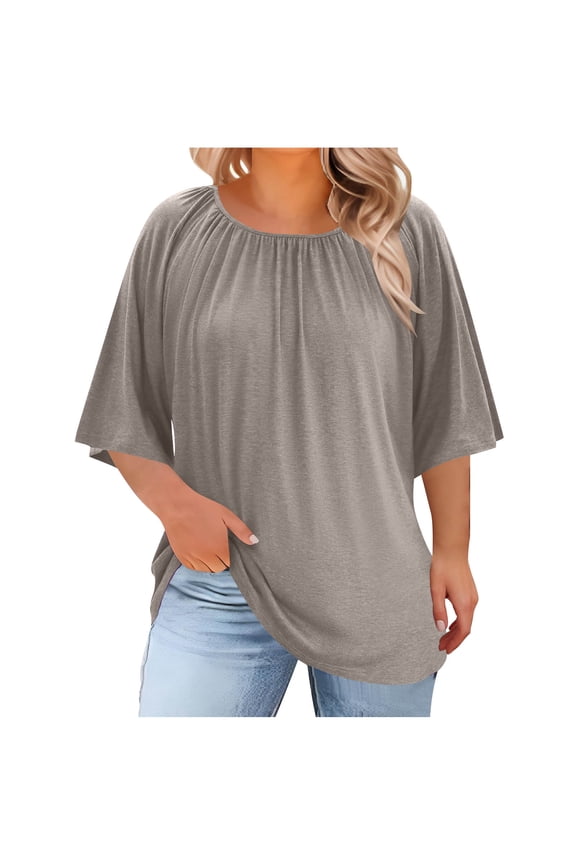 (L-5XL)Womens Plus Size Tops Summer 3/4 Length Sleeve Crewneck Blouses Solid Color Casual Loose Curvy Flowy Tunic Shirts Gray L