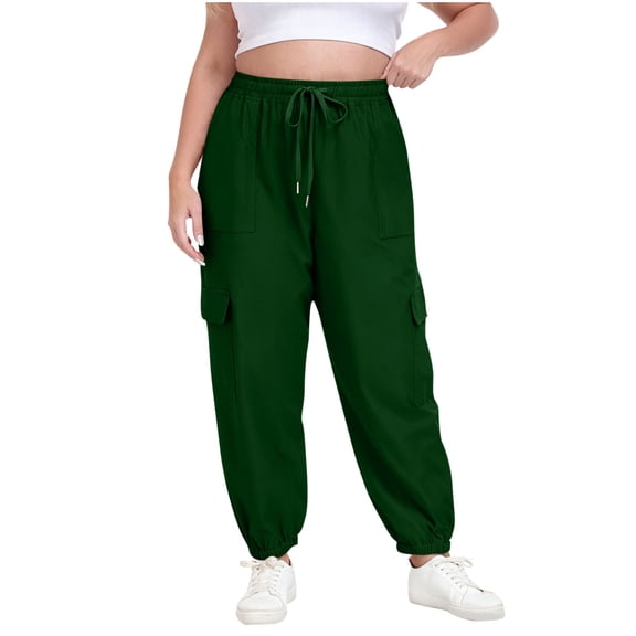 JGGSPWM (L-XXXXXL) Plus Size Cargo Pants for Women Adjustable Drawstring Joggers Casual Loose Baggy Trousers with Pockets Green XL