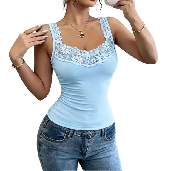 JGGSPWM Lace Camisole Tank Tops for Women Fashion V Neck Wide Strap Soft Ribbed Lace Trim Cami Blue XXL