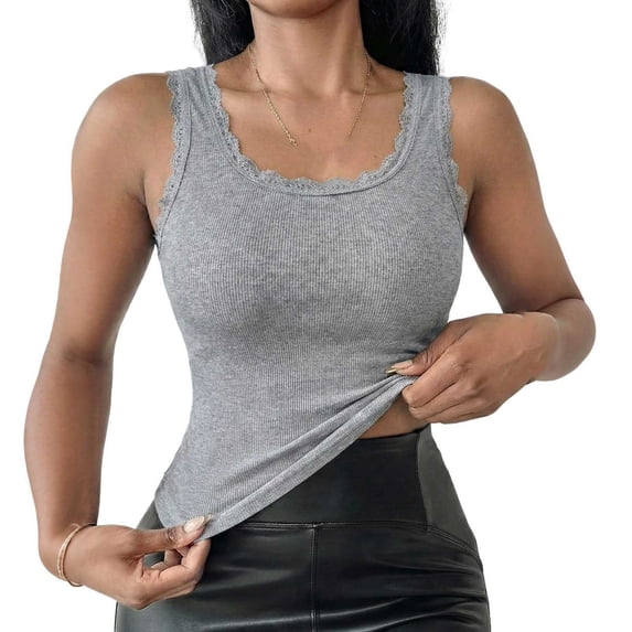 JGGSPWM Lace Camisole Tank Tops for Women V Neck Wide Strap Soft Ribbed Lace Trim Cami for Summer Breathable And Comfortable Gray M