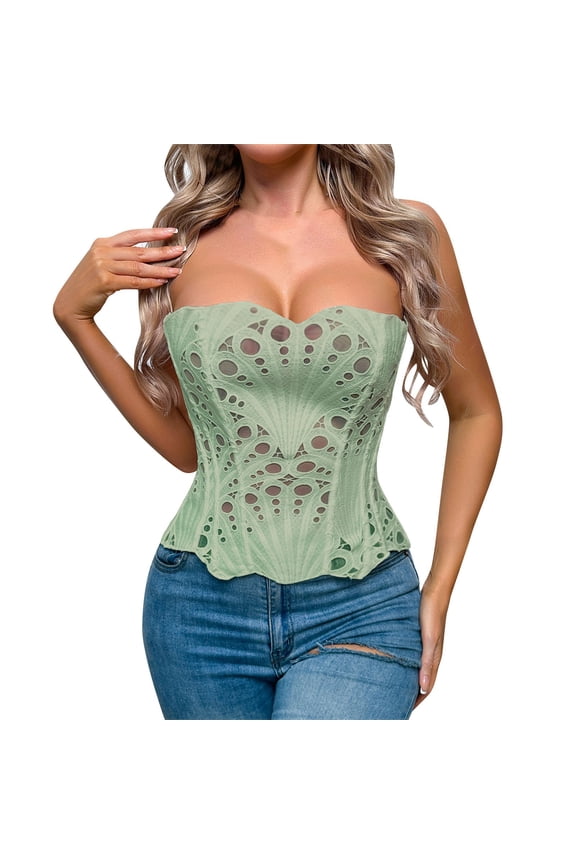 Lacework Corset Top for Women Sexy Textured Sheer Floral Lace Bustier Lace-up Corset Overbust Top Green XL