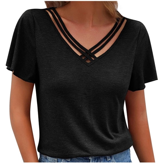 JGGSPWM Ladies' Basic Plus Size Blouses Short Sleeve Criss Cross V-Neck Tops Solid Shirts Black XL