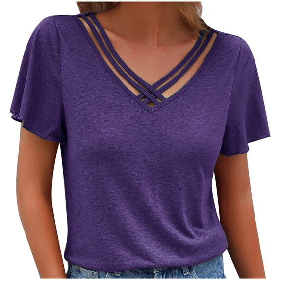 JGGSPWM Ladies' Basic Plus Size Blouses Short Sleeve Criss Cross V-Neck Tops Solid Shirts Purple XXL