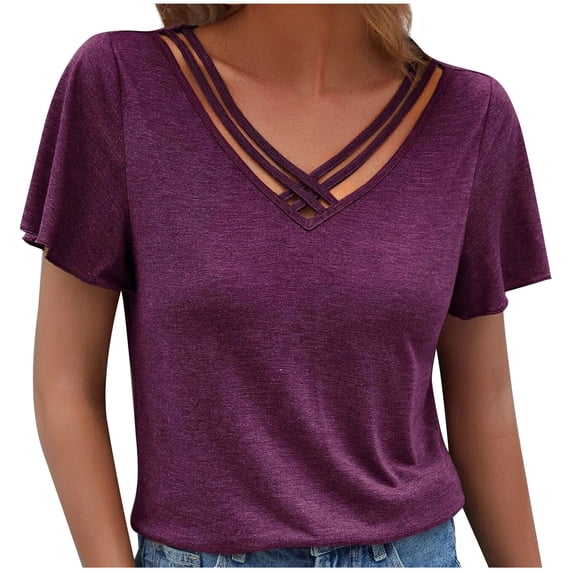 JGGSPWM Ladies' Basic Plus Size Blouses Short Sleeve Criss Cross V-Neck Tops Solid Shirts Red XL