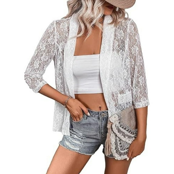 JGGSPWM Ladies' Lace Trimmed 3/4 Sleeve Open Front Blouse Casual V-Neck Top Sheer Cardigans White XL