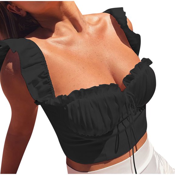 JGGSPWM Ladies Solid Color Sexy Sleeveless Summer Ruffled Strap Vest Top Sling Sweet Elegant Y2k Crop Tops Trendy Summer Camisole Black L