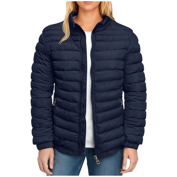 JGGSPWM Lightweight Puffer Jacket Womens Winter Coats with Hood Packable Solid Color Zipper Stand Up Collar Jacket Women Quilted Coat Blue XXL