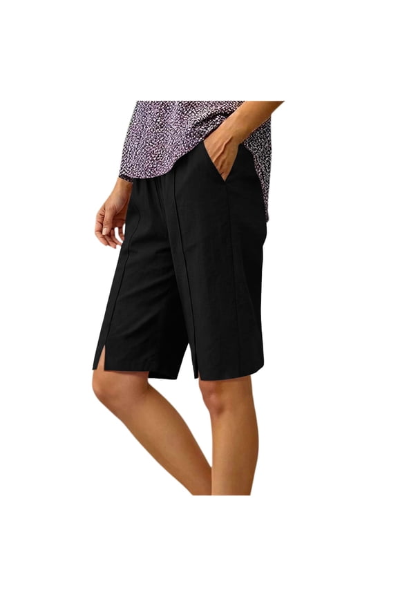 Linen Bermuda Shorts for Women Knee Length Summer Casual Solid Color Elastic Waisted Side Split Shorts with Pockets Black L