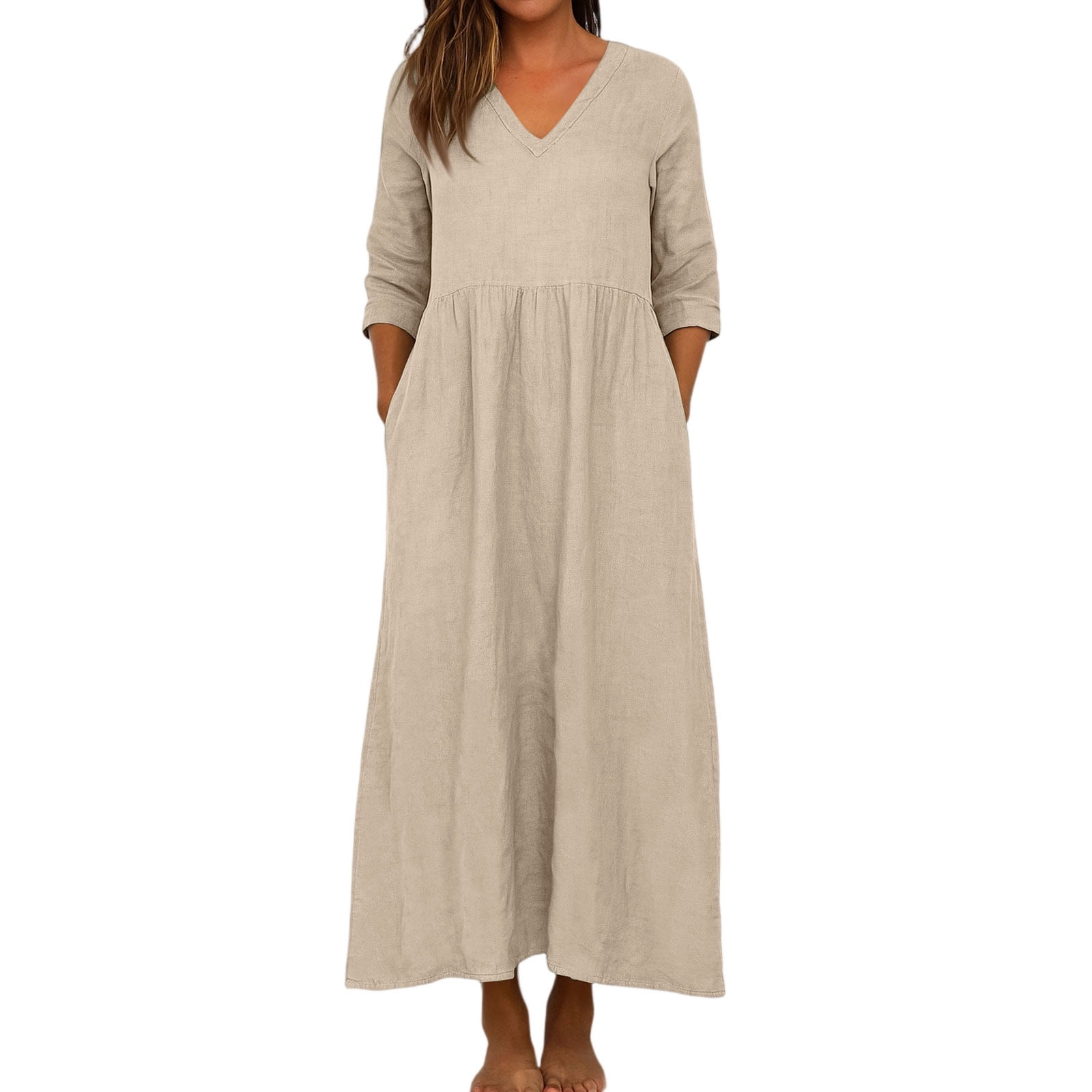 JGGSPWM Linen Dress Women V Neck Long 3/4 Sleeve Tunic Boho Maxi Dress Casual Spring and Autumn Plain Flowy Beach Vacation Dresses Beige S