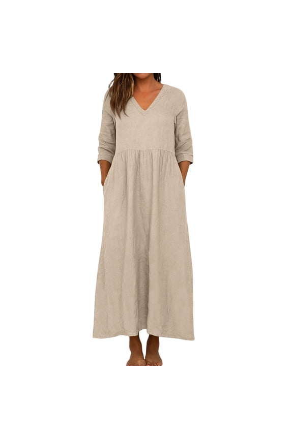 Linen Dress Women V Neck Long 3/4 Sleeve Tunic Boho Maxi Dress Casual Spring and Autumn Plain Flowy Beach Vacation Dresses Beige S