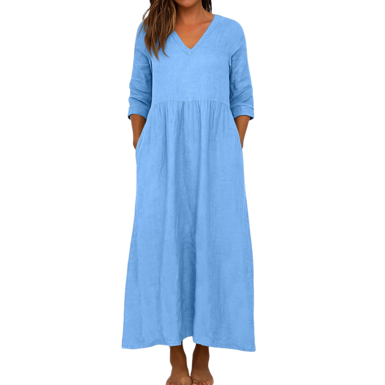 JGGSPWM Linen Dress Women V Neck Long 3/4 Sleeve Tunic Boho Maxi Dress Casual Spring and Autumn Plain Flowy Beach Vacation Dresses Blue S