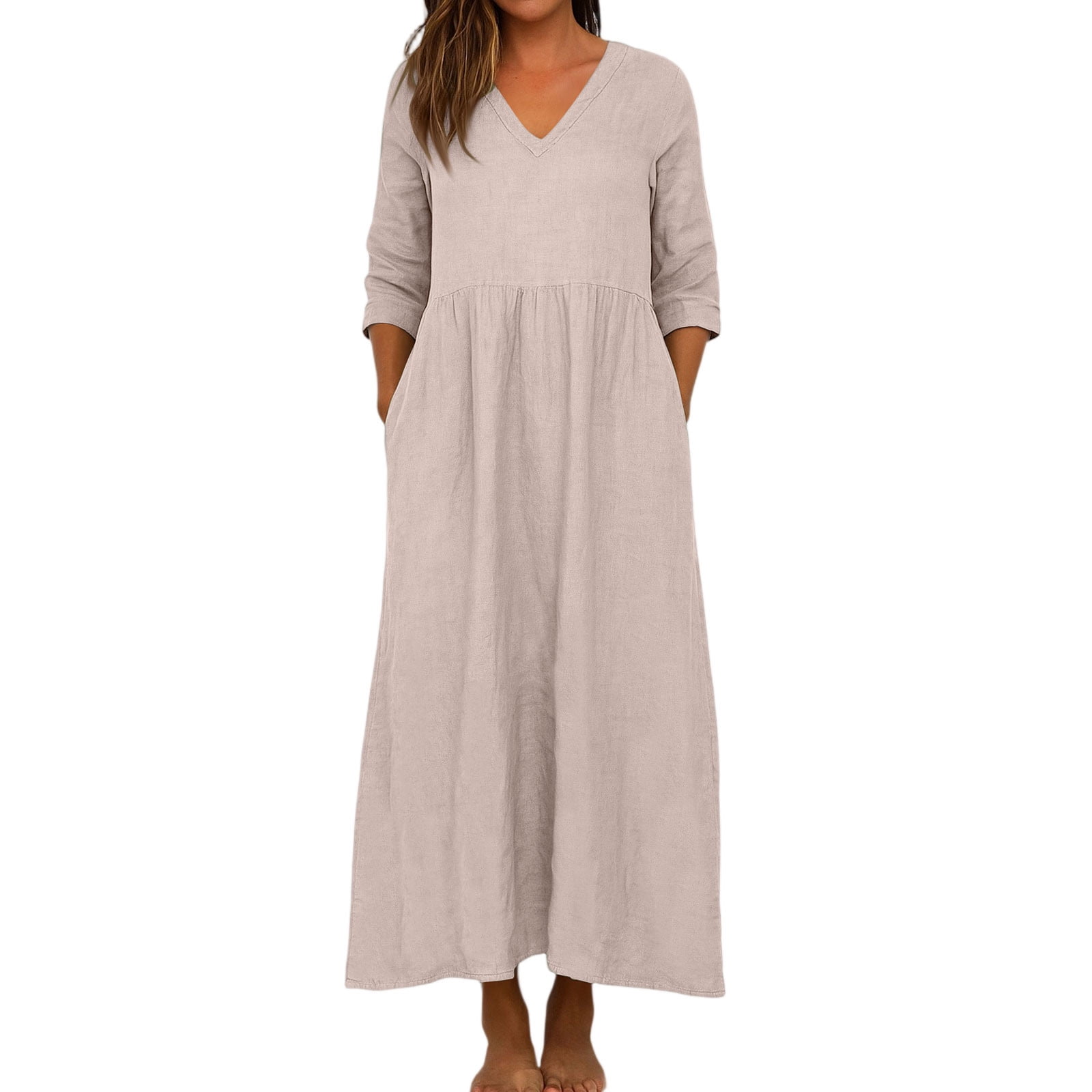 JGGSPWM Linen Dress Women V Neck Long 3/4 Sleeve Tunic Boho Maxi Dress Casual Spring and Autumn Plain Flowy Beach Vacation Dresses Pink S