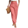 thumbnail image 1 of JGGSPWM Linen Pants for Women Summer High Waisted Pants Smocked Waist Beach Jogger Solid Color Lightweight Casual Pants Pink S, 1 of 6