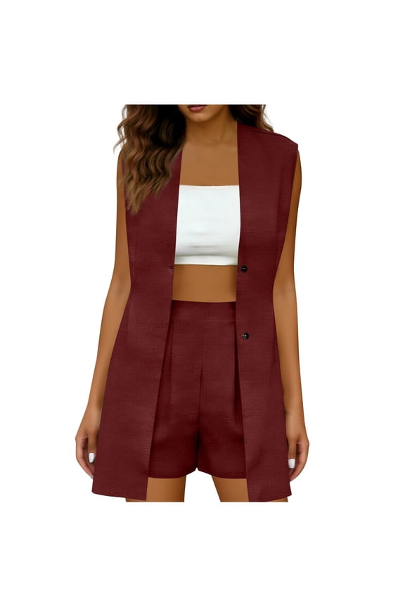 Linen Sets for Women 2 Piece Sleeveless Business Matching Sets Button Down Vest Blazer Jacket and Pockets Shorts Red L