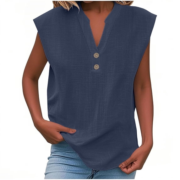 JGGSPWM Linen Tank Shirts for Women V Neck Button Down Cap Sleeve Office Work Tops Vintage Vacation Tees Blouse Tops Navy S