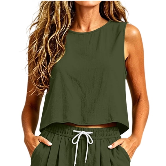 JGGSPWM Linen Tank Tops for Women Trendy Summer Casual Sleeveless Blouse Vest Loose Fit Crewneck Cropped Blouse Tank Tops Green S