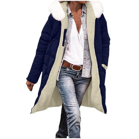 JGGSPWM Long Puffer Jacket for Women Reversible Padded Down Jackets Warm Winter Shearling Fleece Lined Coats Parka Jackets Blue XXL