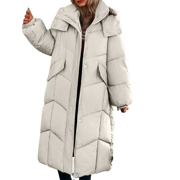 JGGSPWM Long Puffer Jacket for Women Solid Color Long Sleeved Thickened Fleece Coat Hooded, Ladies Warm Winter Jacket White M