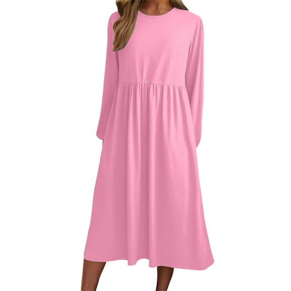 JGGSPWM Long Sleeve Round Neck Dresses for Women 2025 Fall Winter Casual Flowy A-Line Boho Midi Party Long Dress with Pockets Pink XL