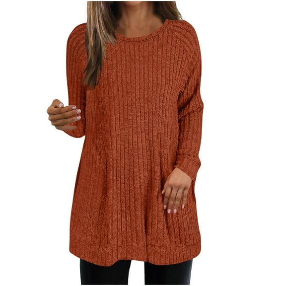 JGGSPWM Long Sleeve Shirts for Women 2025 Fall Clothes Tunic Tops Loose Fit Dressy Crewneck Pullover Sweaters with Curved Hem Orange S