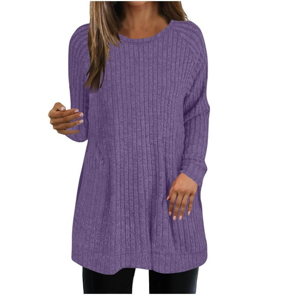 JGGSPWM Long Sleeve Shirts for Women 2025 Fall Clothes Tunic Tops Loose Fit Dressy Crewneck Pullover Sweaters with Curved Hem Purple XL