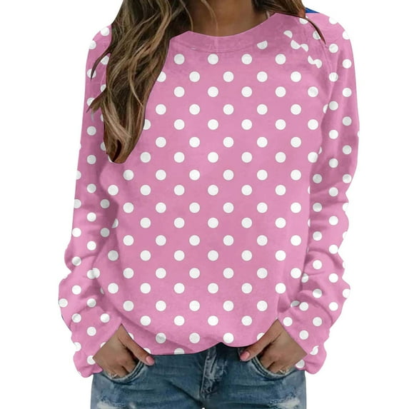 JGGSPWM Long Sleeve Shirts for Women Casual Crew Neck Polka Dot Graphic T Shirts Trendy Dressy Work Blouse Fall Workout Tops Pink S