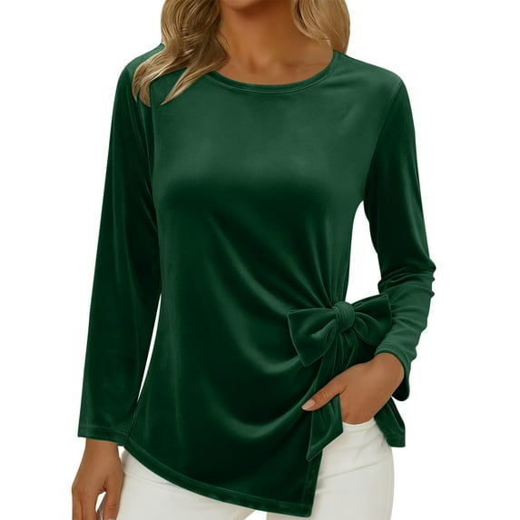 JGGSPWM Long Sleeve Shirts for Women Casual Solid Color Round Neck Ruched Fall Tops Crew Neck T Shirts Fashion Clothing Green L