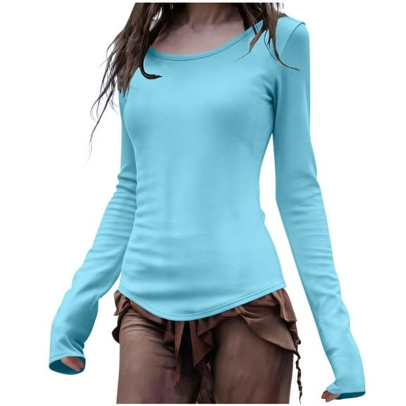 JGGSPWM Long Sleeve Shirts for Women Casual Solid Color Round Neck T Shirt Blouse Tops Fall Basic Tees Fitted Thermal Undershirts Clothes Blue L