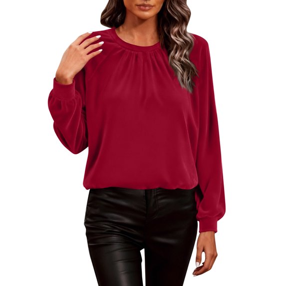 JGGSPWM Long Sleeve Shirts for Women Mock Neck Tops Pleated Front Blouses Dressy Casual Spring Fall Clothes 2026 Fashion Red L