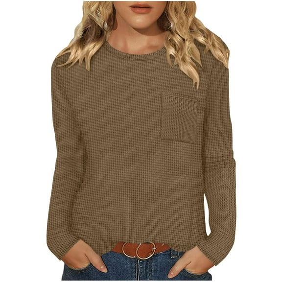JGGSPWM Long Sleeve Shirts for Women Waffle Knit Trendy Fall Fashion Solid Color Round Neck Dressy Casual Blouses Work Outfits Brown S