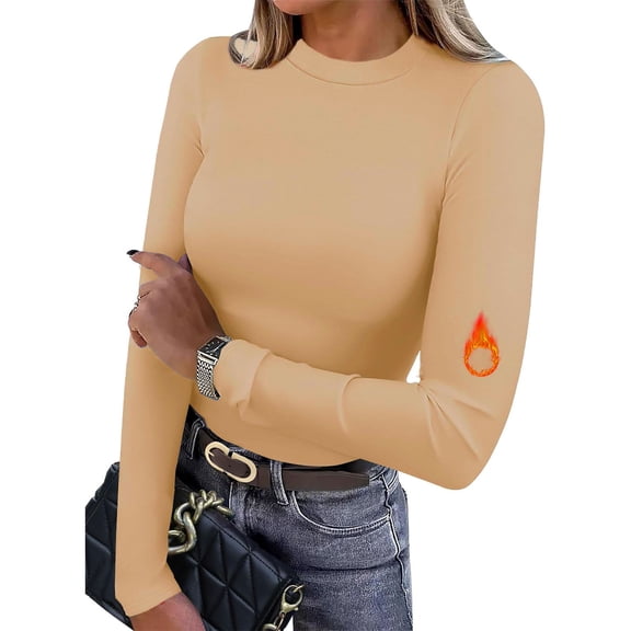 JGGSPWM Long Sleeve Thermal Shirt for Women Light Fleece Tops Fall Solid Color Crew Neck Casual Basic T-Shirts Beige XL