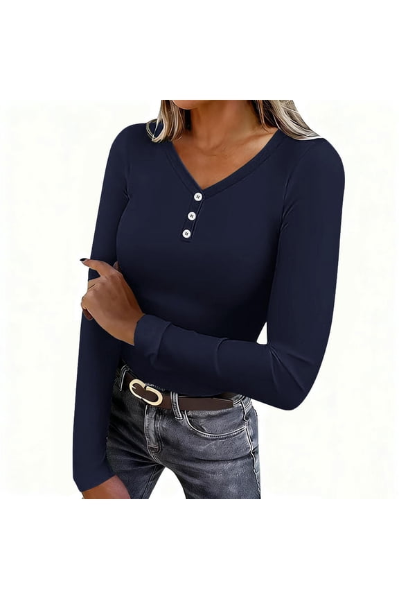 Long Sleeve Thermal Shirts for Women V Neck Fleece Slim Fit Button Tops Fall Outfits Fashion Winter Clothing Blue XXL