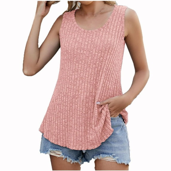 JGGSPWM Loose Fit Ribbed Tank Tops for Women Crew Neck Sleeveless Summer Casual Lightweight Knit Sweater Shirts Pink XL