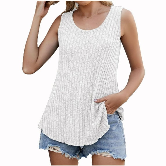 JGGSPWM Loose Fit Ribbed Tank Tops for Women Crew Neck Sleeveless Summer Casual Lightweight Knit Sweater Shirts White M