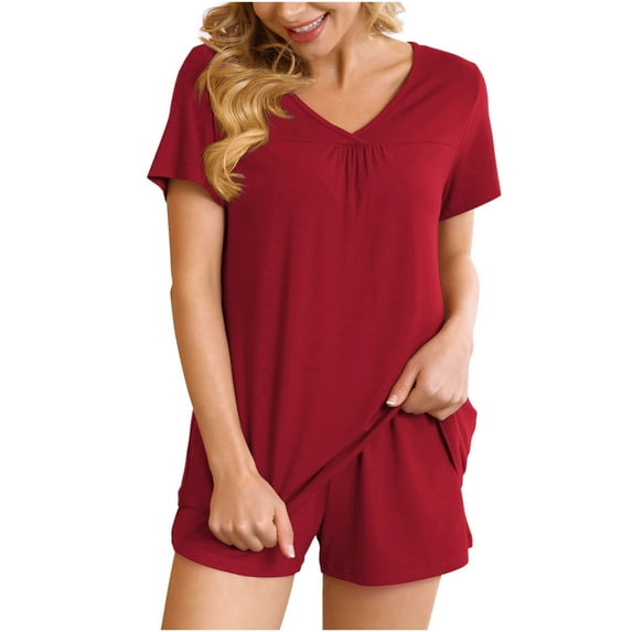 JGGSPWM Lounge Set for Women 2 Piece Outfits Ruched Short Sleeve V Neck Tops with Shorts Pjs Sleepwear Casual Summer Outfit Red XL