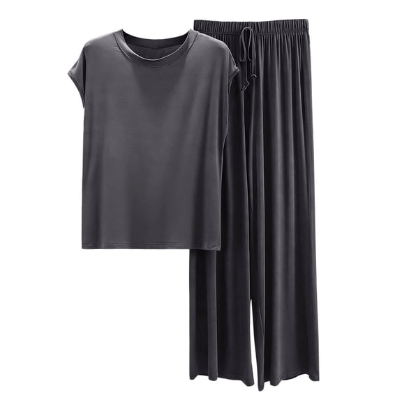 JGGSPWM Lounge Sets for Women Casual Short Sleeve Top and Pants Set Soft Comfy Outfits Solid Color Homewear Pajama Set Gray L