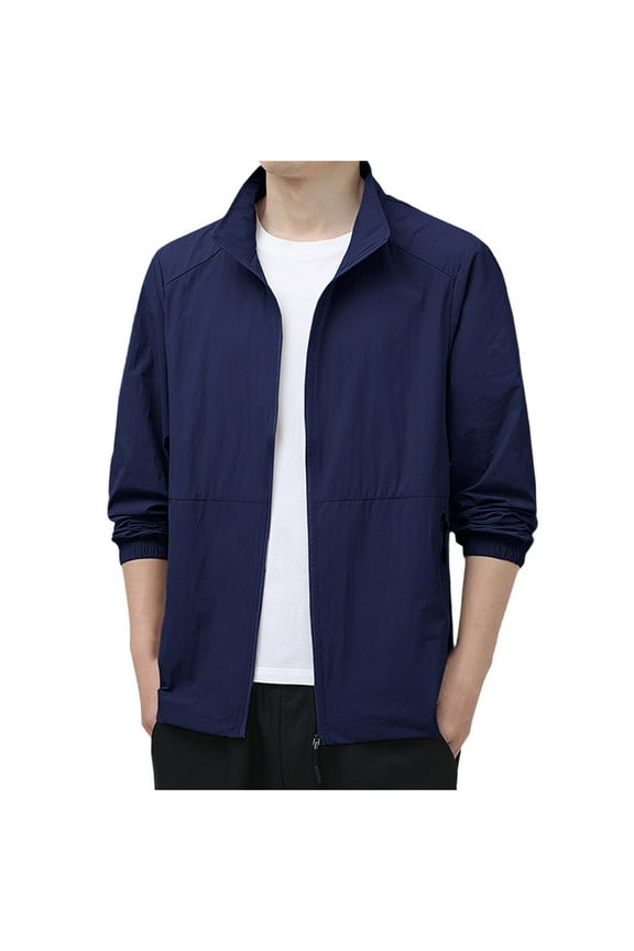 (M-5XL) Big and Tall Men's Lightweight Sun Protection Jacket Causal Fashion Windbreaker Spring Summer Outdoor Coat Blue XXL