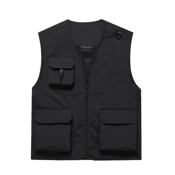 JGGSPWM (M-5XL) Plus Size Men's Thin Sports Multi-pocket Leisure Quick-Dry Mountaineering Work Outdoor Vest Sleeveless Hoodless Casual Jacket Black L