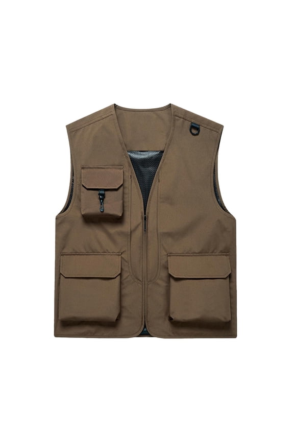 (M-5XL) Plus Size Men's Thin Sports Multi-pocket Leisure Quick-Dry Mountaineering Work Outdoor Vest Sleeveless Hoodless Casual Jacket Brown XL