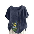 thumbnail image 1 of JGGSPWM (M-5XL) Plus Size Women Floral Print Linen Shirts Short Sleeve Gauze Tops Loose Fit Cotton Blouses Trendy Clothing Blue XL, 1 of 4
