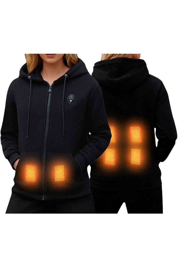 (M-5XL) Plus Size Women's Winter Warm Heated Jackets 6-Zone Heated Long Sleeve Hooded Coat with Double Pockets and Zipper Black XXXXL