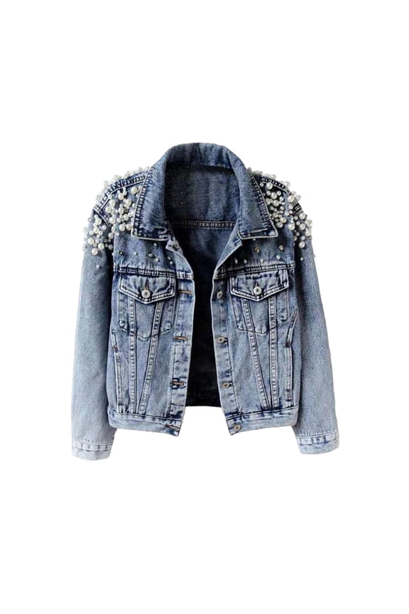 (M-5XL) Women's Plus Size Long Sleeve Jean Jacket Embroidered Rivet Pearl Short Denim Jacket Coat Blue S