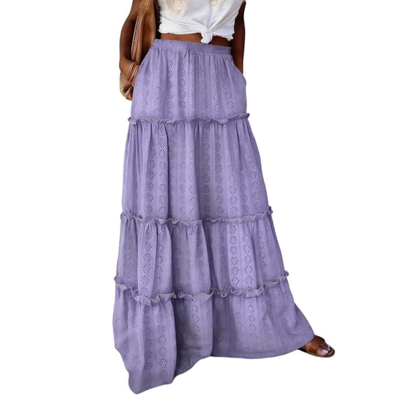 JGGSPWM Maxi Skirts for Women Summer Boho Flowy Tiered Ruffle Skirt with Pockets Elastic High Waisted A Line Long Skirts Purple XL